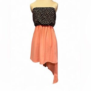 Vintage Coral pink and black polka dot strapless tube top asymmetrical dress